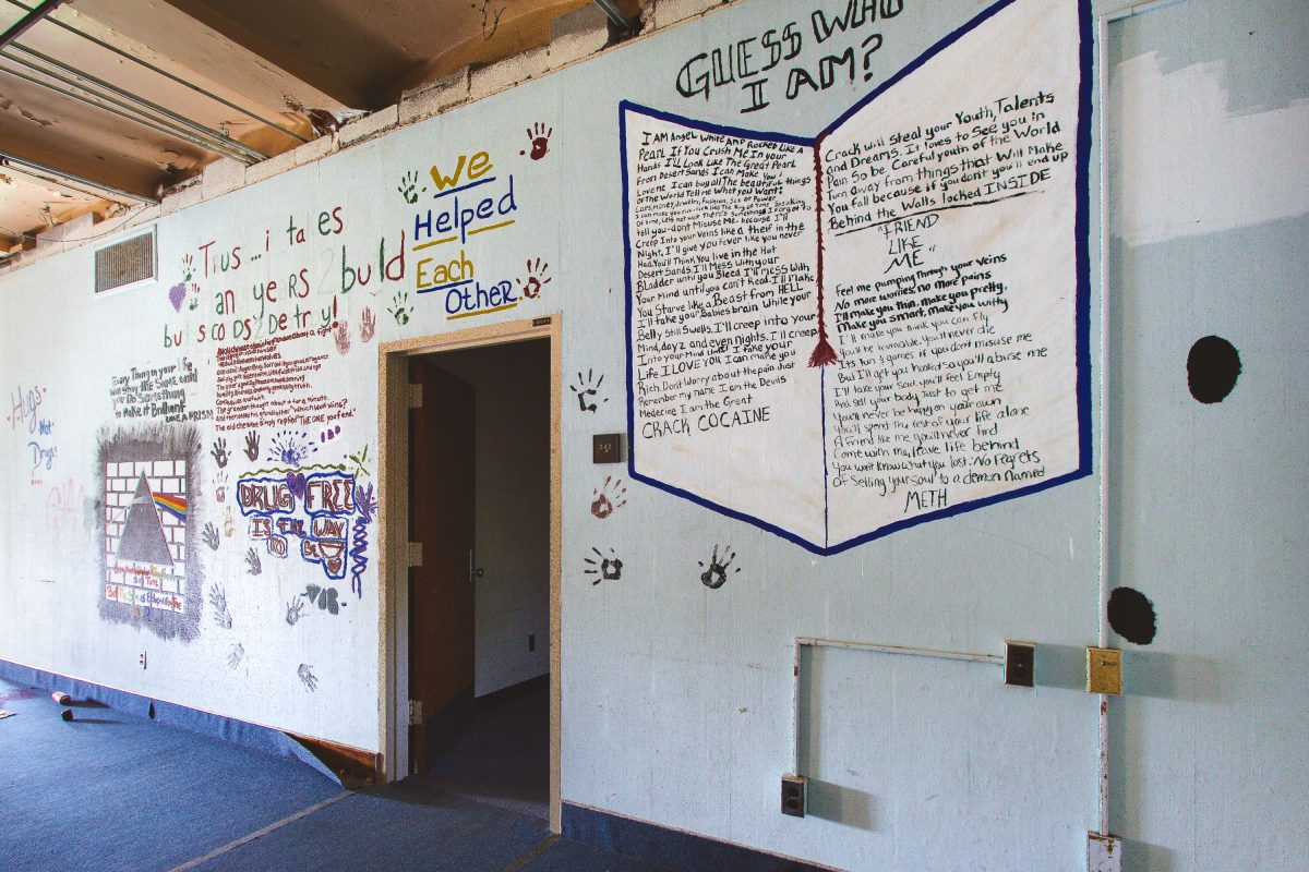 Wall murals and handwritten text, Fergus Falls Kirkbride building