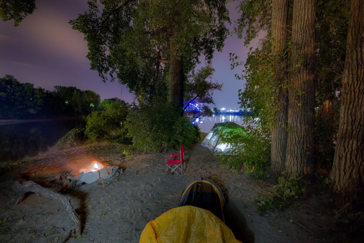 Urban island camping in Minneapolis on the Mississippi River.