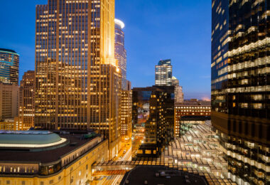 The IDS center and Crystal Court in Downtown Minneapolis.