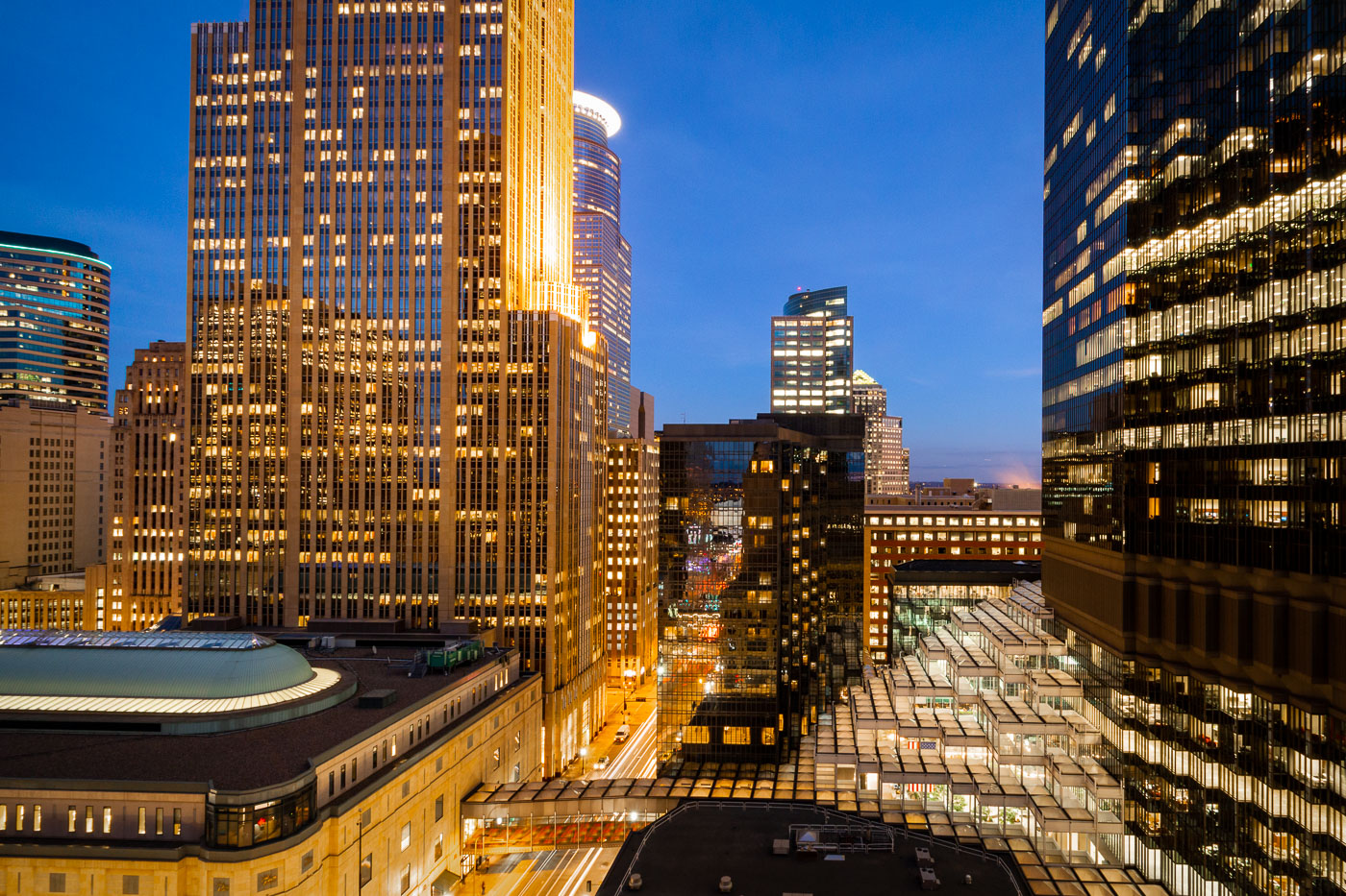 Crystal Court in Downtown Minneapolis at night