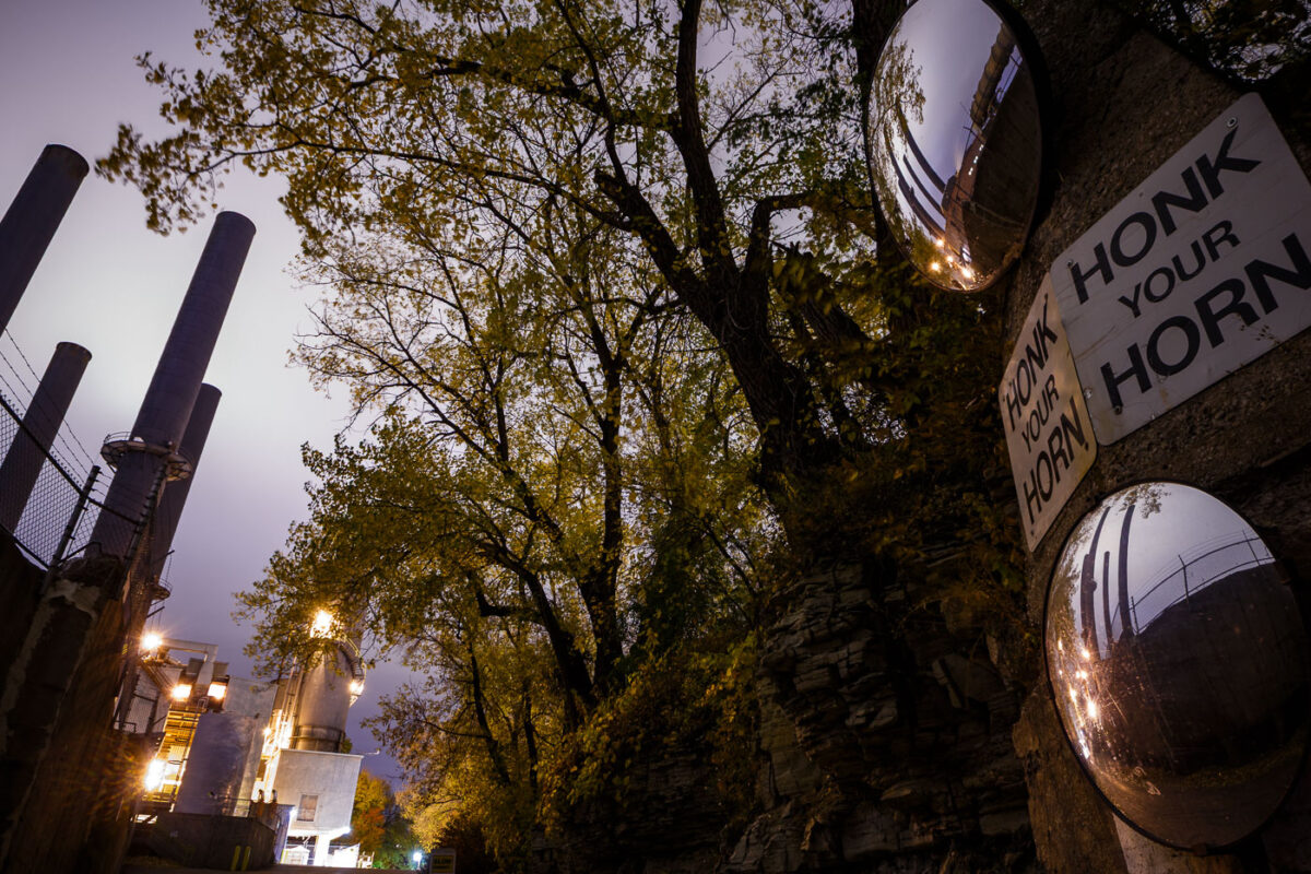 Southeast Steam Plant, Minneapolis: Smokestacks and Autumn Trees