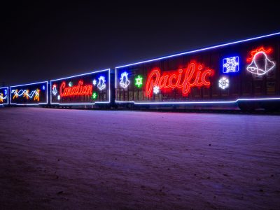 Canadian Pacific Holiday Train Lit Up at Night
