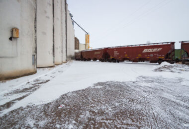 Hansen-Mueller grain elevator and BNSF trains in Superior, Wisconsin.