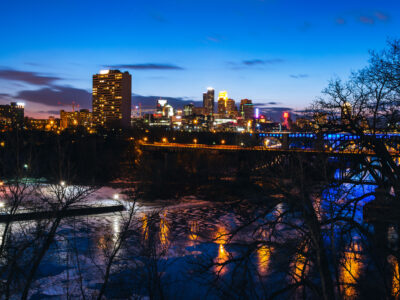 Minneapolis Downtown Skyline at Blue Hour Over Mississippi River