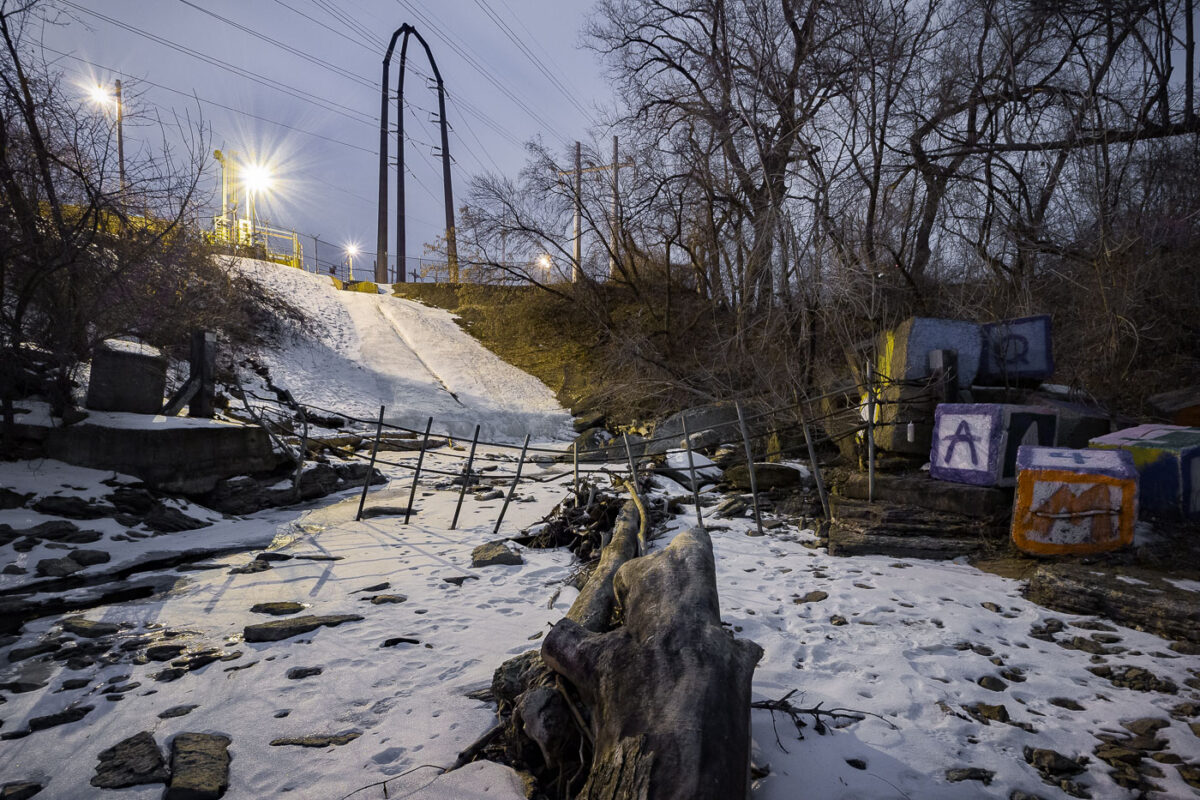 Snow in Father Hennepin Bluff Park in Northeast Minneapolis.