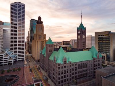 Clock Tower of Minneapolis City Hall Rises Above Downtown
