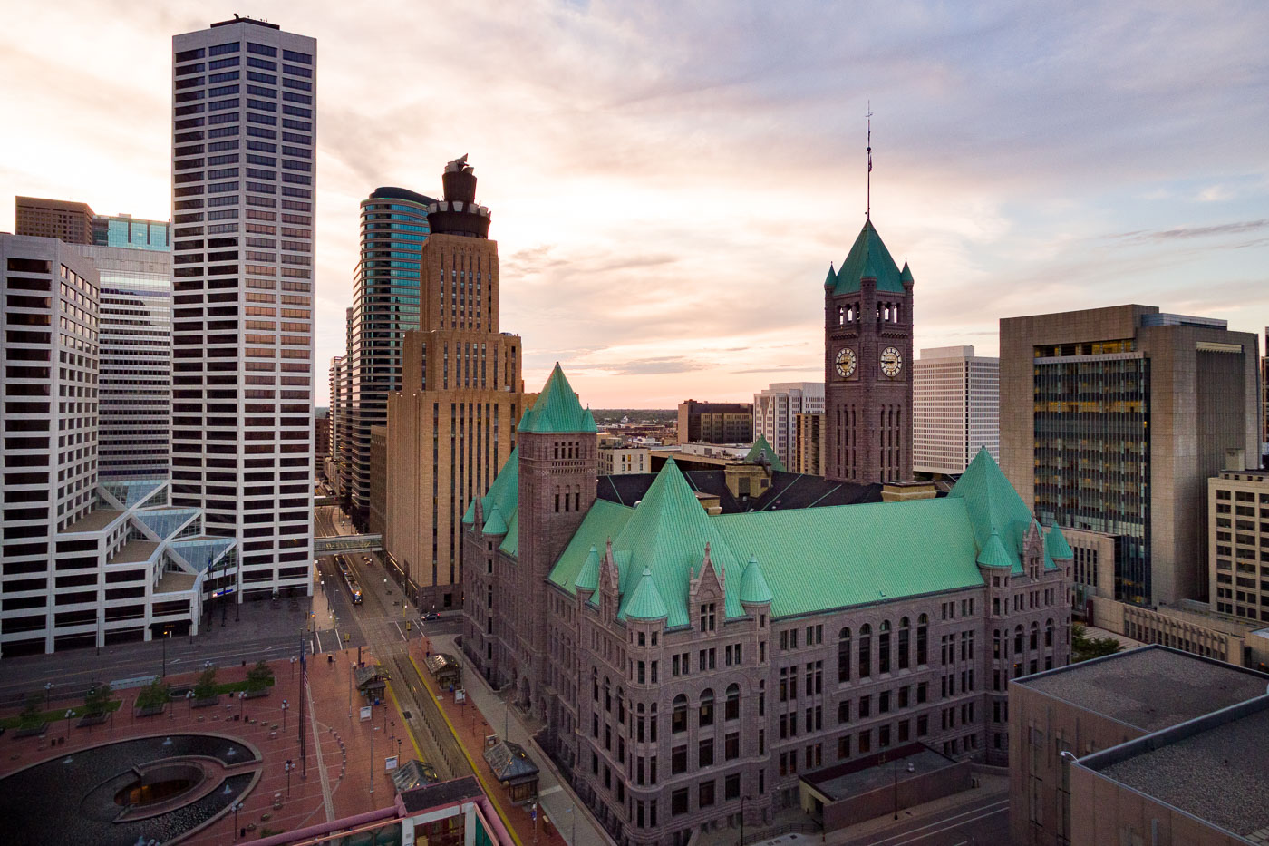 Clock tower at Minneapolis City Hal and sunset