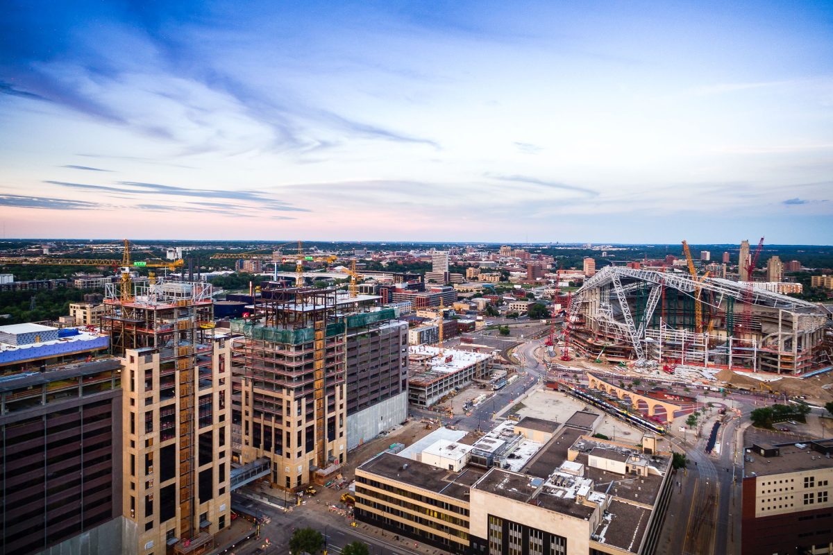 US Bank Stadium and Wells Fargo Towers Rising, Downtown East Minneapolis