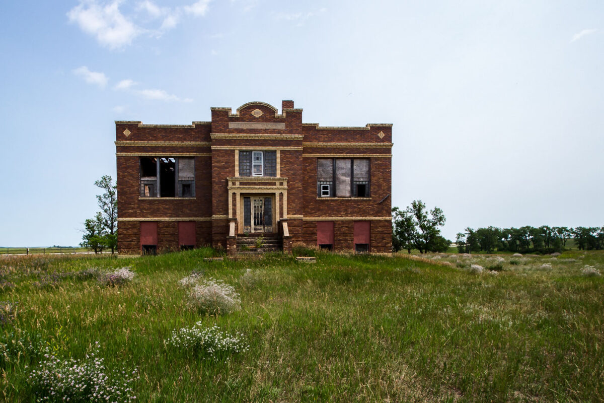 An abandoned schoolhouse in Crystal Springs, North Dakota.