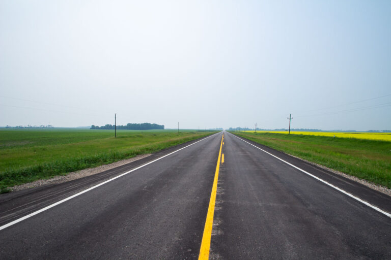 Highway 17 near Starkweather, North Dakota, with canola fields 1 Highway 17 near Starkweather, North Dakota, passes through agricultural fields, including bright yellow canola blooms, highlighting the state's farming economy.