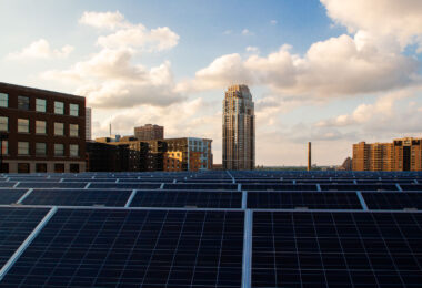 Solar panels on a rooftop in downtown Minneapolis.