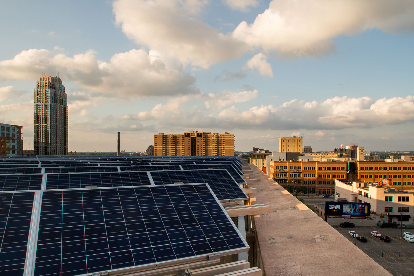 Solar panels on the Jerry Haef Ramp in Downtown Minneapolis, a parking structure now generating renewable energy.