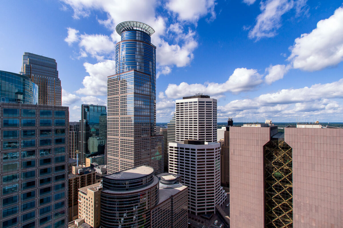 The Capella Tower in Downtown Minneapolis. The Hennepin County Government Center on the right.