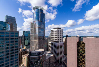 The Capella Tower in Downtown Minneapolis. The Hennepin County Government Center on the right.