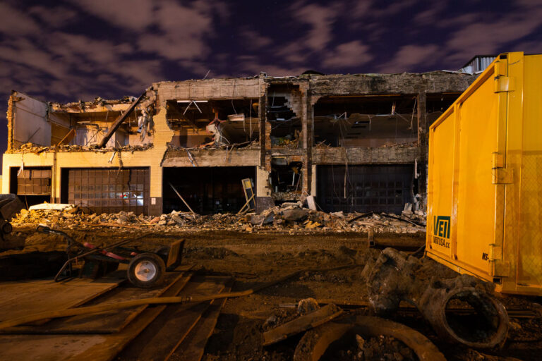 Star Tribune Demolition in 2015 1 Demolition of the Star Tribune building in downtown Minneapolis. The building was razed to make room for construction of US Bank Stadium and the nearby area.
