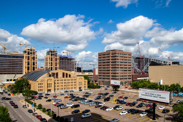 Minneapolis Downtown East Construction 2015 2 Construction cranes are visible over new building developments in Minneapolis's Downtown East neighborhood in 2015.