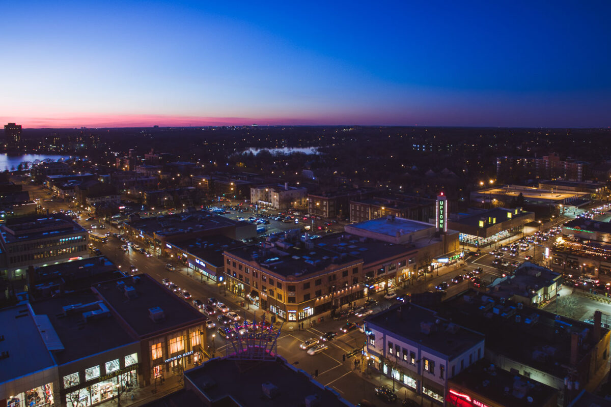 Aerial of Hennepin and Lake Street in Uptown Minneapolis