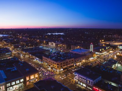 Aerial of Hennepin and Lake Street in Uptown Minneapolis