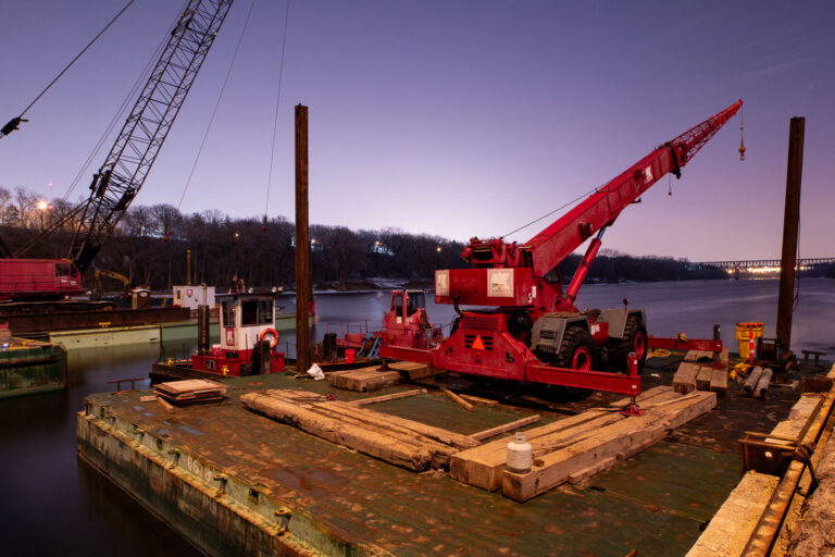 Construction vehicles at Franklin Ave Bridge 2 Repairs being done on the Franklin Avenue bridge in Minneapolis.