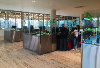 A couple stand in line at the customs counter at the Punta Cana International Airport in the Dominican Republic.