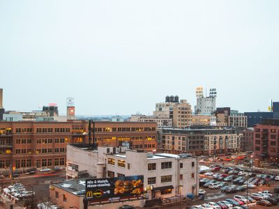 Gold Medal Flour Sign Above Downtown Minneapolis at Dusk