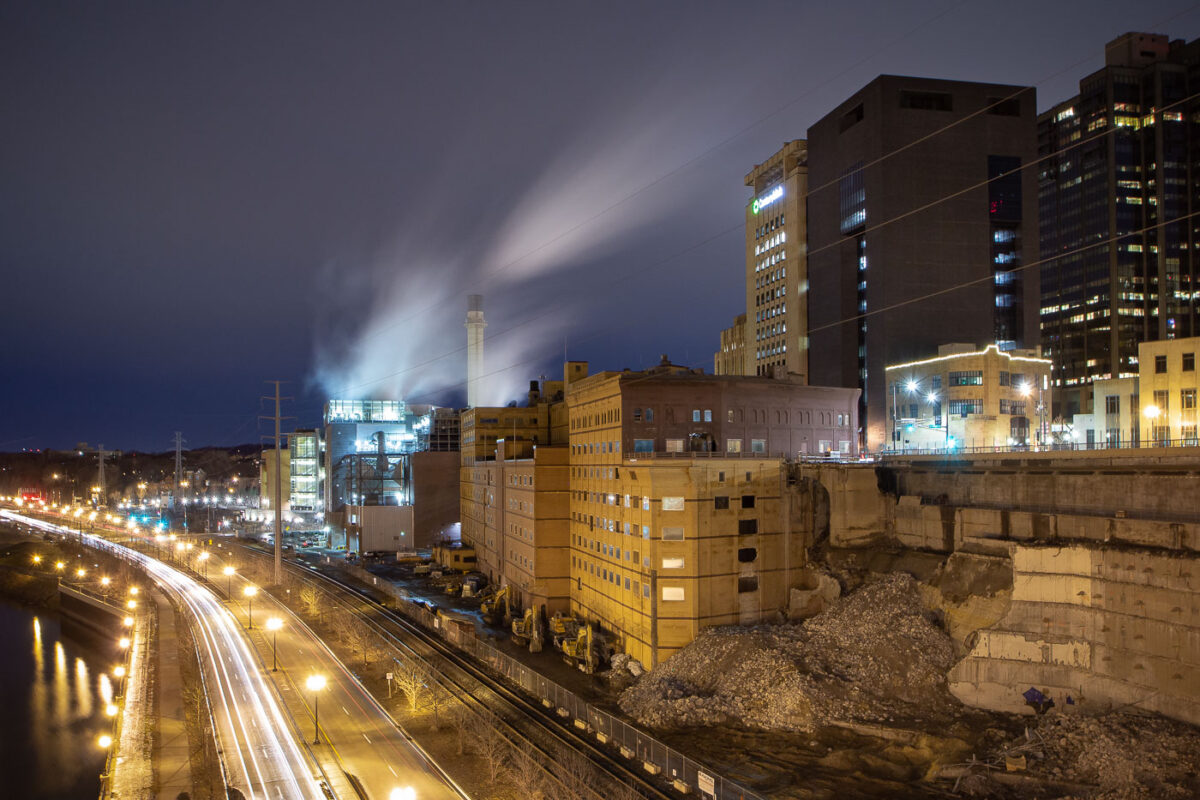 Night photo of Ramsey County Jail demolition