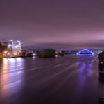 Downtown Minneapolis as seen from Upper Harbor Terminal in North Minneapolis. Riverside Generating Station on the left.