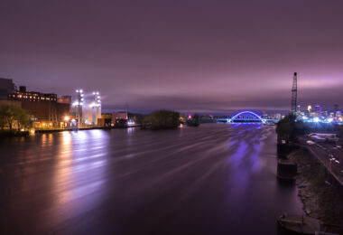 Downtown Minneapolis as seen from Upper Harbor Terminal in North Minneapolis. Riverside Generating Station on the left.