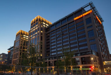 Wells Fargo towers as part of the Downtown East development in Minneapolis. The area was developed around the new US Bank Stadium.