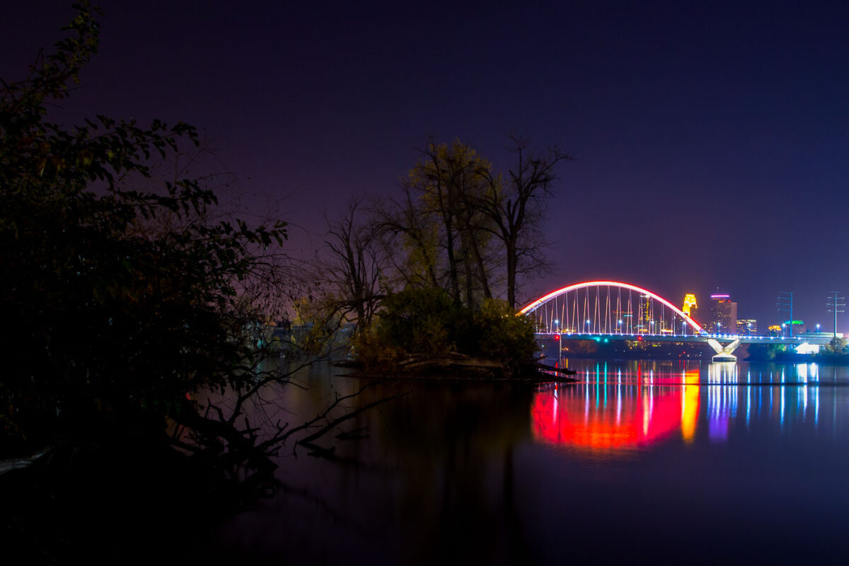 Lowry Bridge as seen from an island on the Mississippi River in Minneapolis, Minnesota.