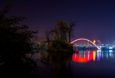 Lowry Bridge as seen from an island on the Mississippi River in Minneapolis, Minnesota.