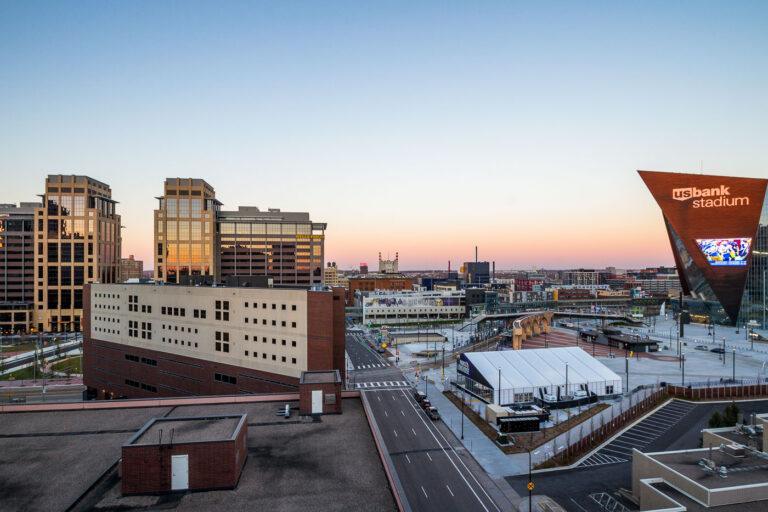 Downtown East Minneapolis: US Bank Stadium and Development 1 US Bank Stadium, home of the Minnesota Vikings, in Downtown East Minneapolis, completed in 2016, with surrounding urban development.