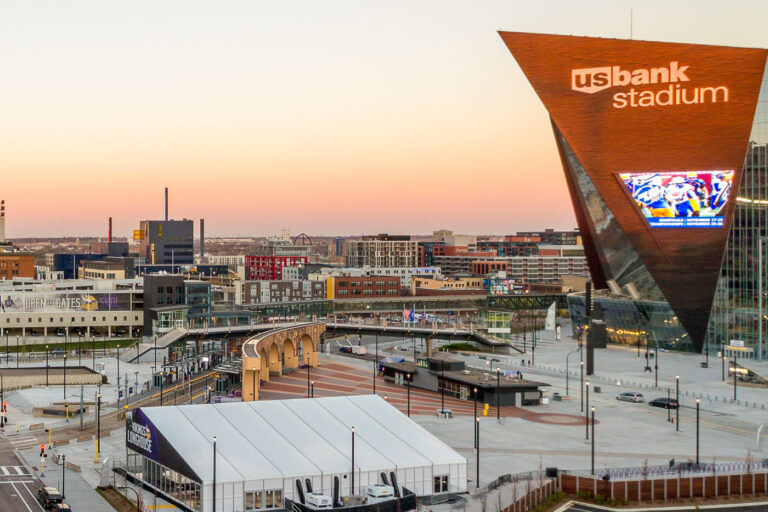 US Bank Stadium during November sunset 4 Downtown East development in Minneapolis with US Bank Stadium on the right.