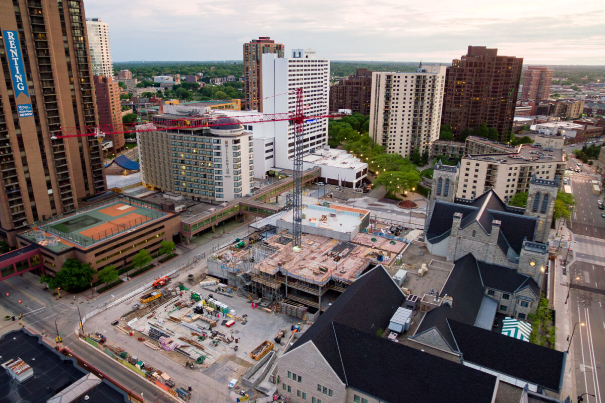 A tower crane outside a church where a large addition is being added on Nicollet Mall in Downtown Minneapolis.