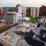 A tower crane outside a church where a large addition is being added on Nicollet Mall in Downtown Minneapolis.