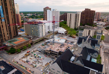 A tower crane outside a church where a large addition is being added on Nicollet Mall in Downtown Minneapolis.
