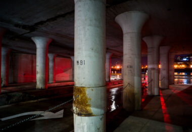 Underneath a bridge in Saint Paul Minnesota during a rainstorm.