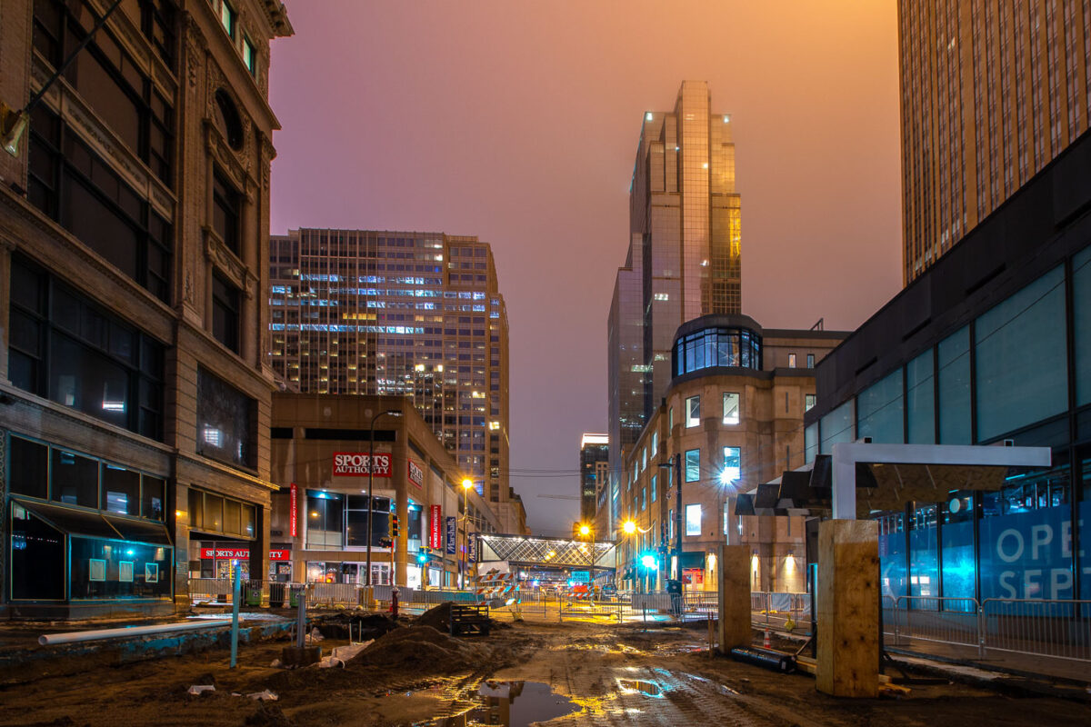 Nicollet Mall under construction in downtown Minneapolis. 2017
