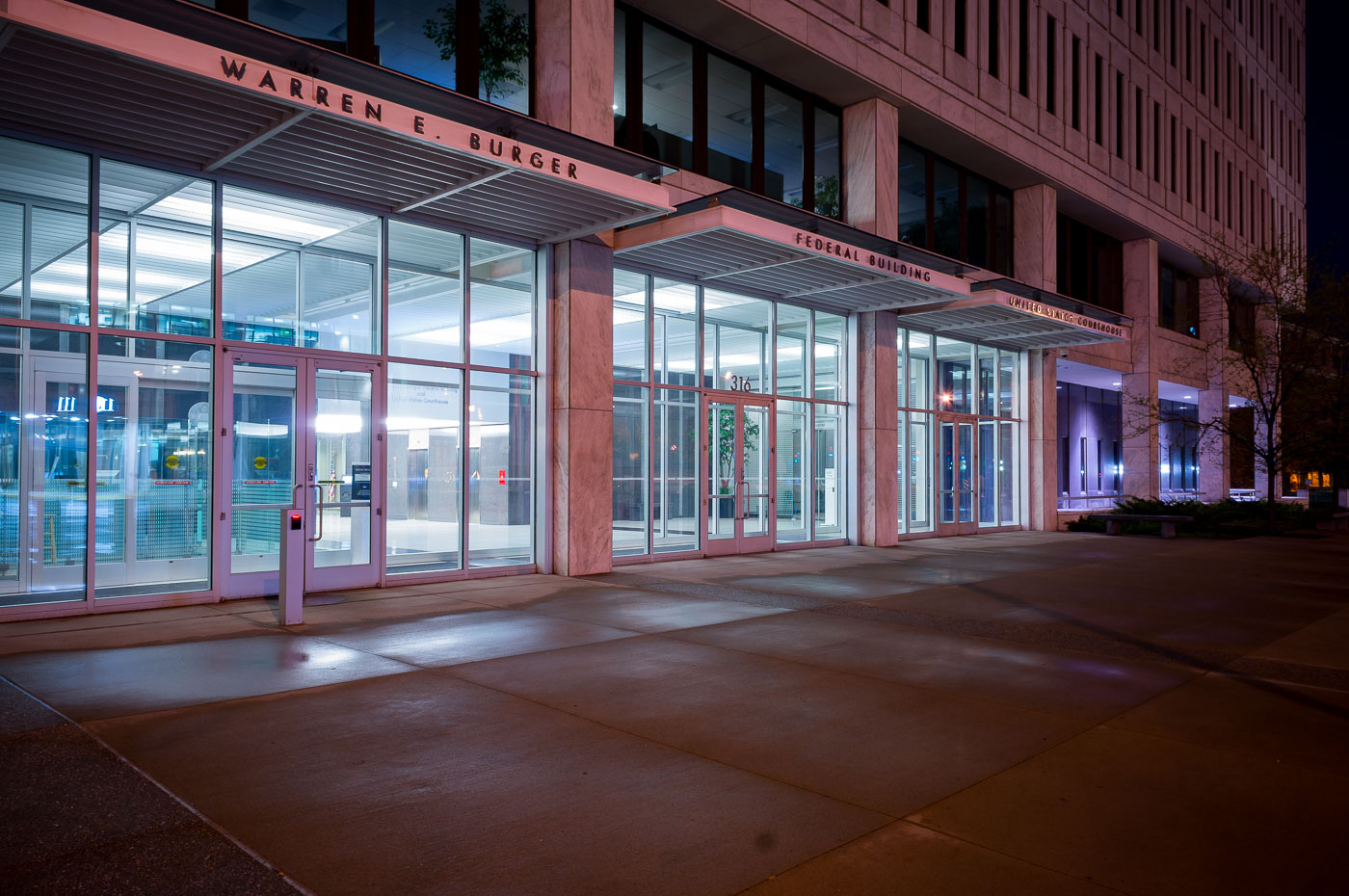 Warren Burger Federal Building at night ICE