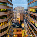 A look down between the Fifth Street Towers in Downtown Minneapolis.