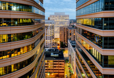 A look down between the Fifth Street Towers in Downtown Minneapolis.