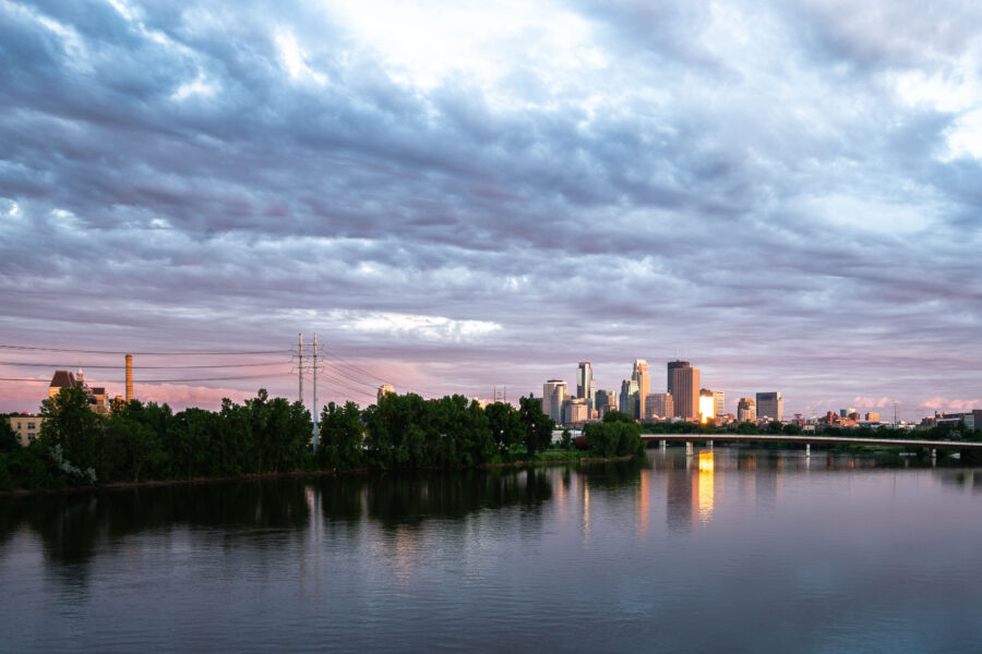 Minneapolis Downtown Skyline and Mississippi River at Sunset