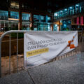Sign on a barricade during Nicollet Mall construction