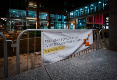 A sign on Nicollet Mall in downtown Minneapolis referring to it's construction. So over it is right.
