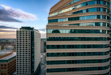 Fifth Street Towers in Downtown Minneapolis during sunset.
