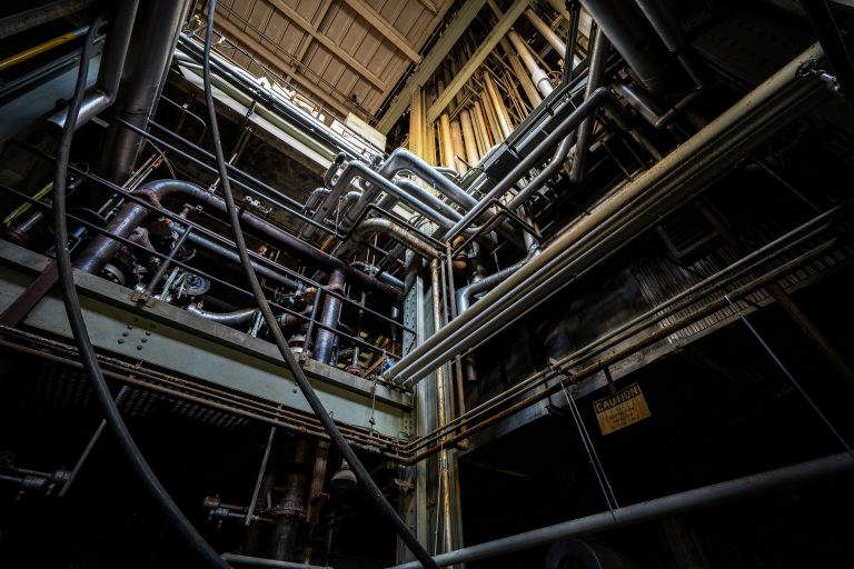 Boiler Room Piping, Granite Falls NSP Power Plant 1 Overhead steel piping fills the multi-level boiler room of the former NSP power plant in Granite Falls, Minnesota.
