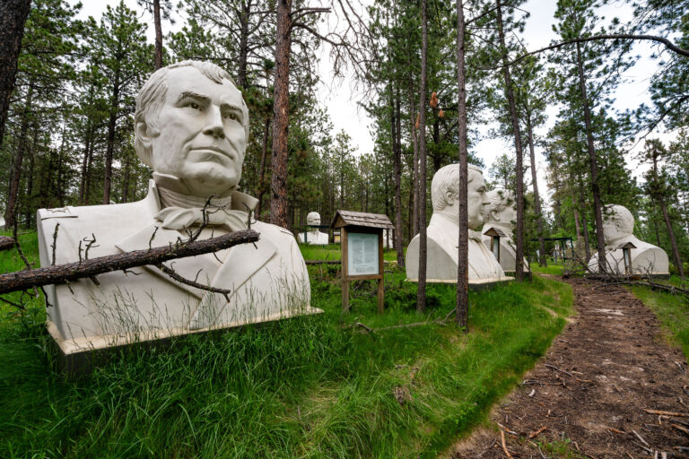 Abandoned Presidents Park Statues in Black Hills Forest, South Dakota 1 Abandoned presidential busts from Presidents Park are seen in the Black Hills Forest, South Dakota. The park featured 20-foot-tall concrete sculptures of U.S. presidents.