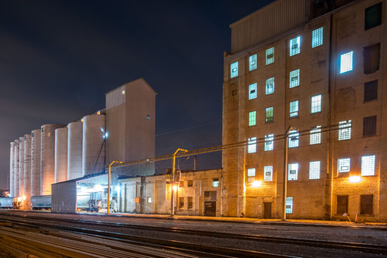 ADM Nokomis Flour Mill, Minneapolis 4 ADM Nokomis Flour Mill and rail tracks in South Minneapolis at night.