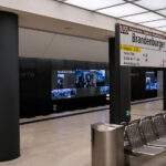 The Brandenburger Tor station in Berlin, Germany. Metal benches on the train platform.