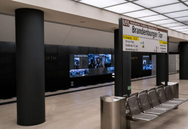 The Brandenburger Tor station in Berlin, Germany. Metal benches on the train platform.